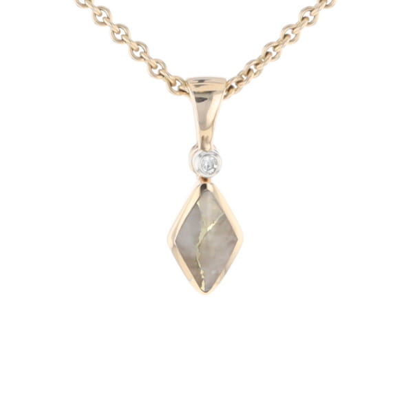 Gold Quartz Necklace Diamond Shape Inlaid Pendant with .02ct Diamond