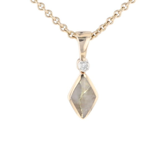 Gold Quartz Necklace Diamond Shape Inlaid Pendant with .02ct Diamond