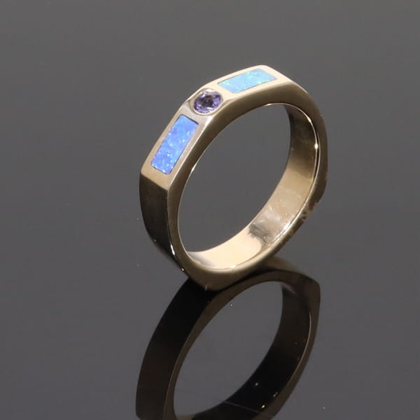 Opal Rings 2 Section Inlaid Design with Round Tanzanite