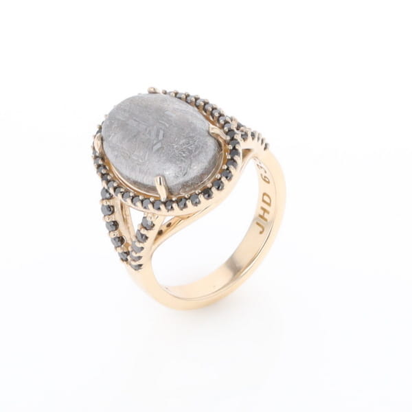 Meteorite Ring Oval Cabochon 0.65ctw Round Black Diamonds Halo