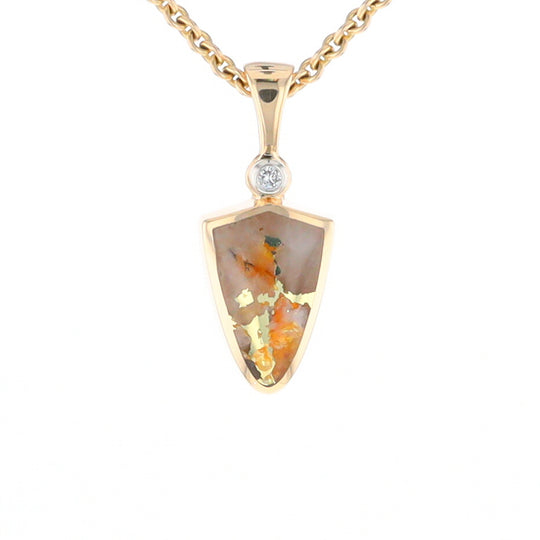 Gold Quartz Necklace Shield Shape Inlaid Pendant with .02ct Diamond