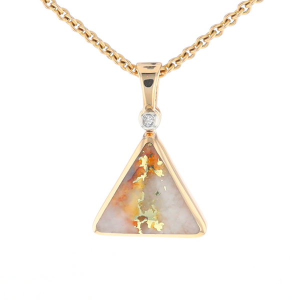 Gold Quartz Necklace Triangle Inlaid Pendant with .02ct Diamond