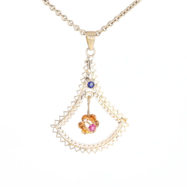 Vintage Buttercup Dangle Ruby Scrollwork Pendant