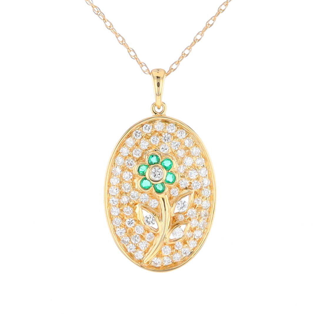 Emerald and Diamond Encrusted Oval Flower Pendant