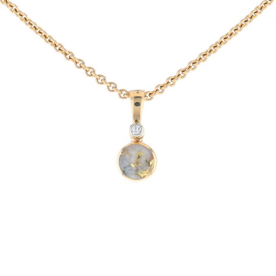 Gold Quartz Necklace Round Inlaid Pendant with .02ct Round Diamond