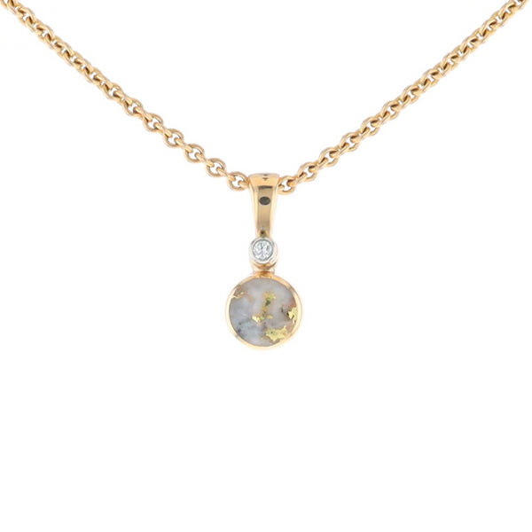 Gold Quartz Necklace Round Inlaid Pendant with .02ct Round Diamond