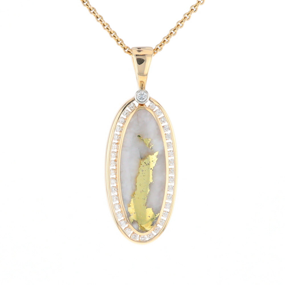 Gold Quartz Necklace .54ctw Halo Diamond Oval Inlaid Pendant