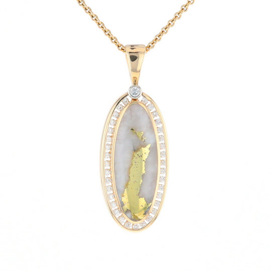 Gold Quartz Necklace .54ctw Halo Diamond Oval Inlaid Pendant