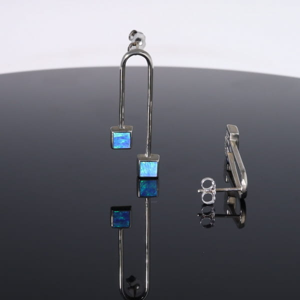 Opal Earrings Curved Bar Double Square Inlaid Ends Design Studs