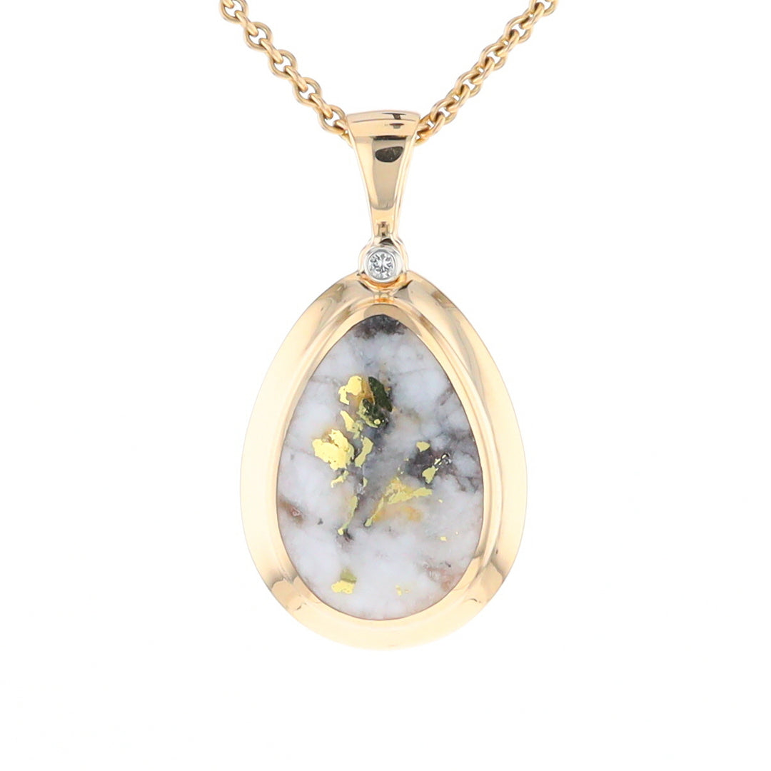 Gold Quartz Necklace Pear Shape Inlaid Pendant with .02ct Diamond