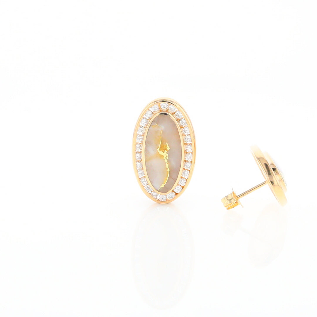 Gold Quartz Earrings Oval Inlaid Design .73ctw Round Diamonds Halo