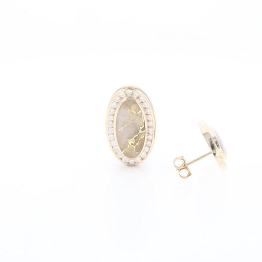Gold Quartz Earrings Oval Inlaid Design .73ctw Round Diamonds Halo G2