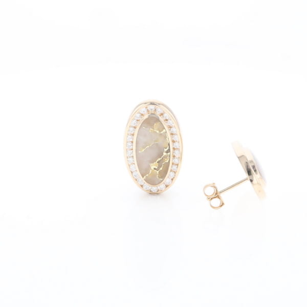 Gold Quartz Earrings Oval Inlaid Design .73ctw Round Diamonds Halo G2