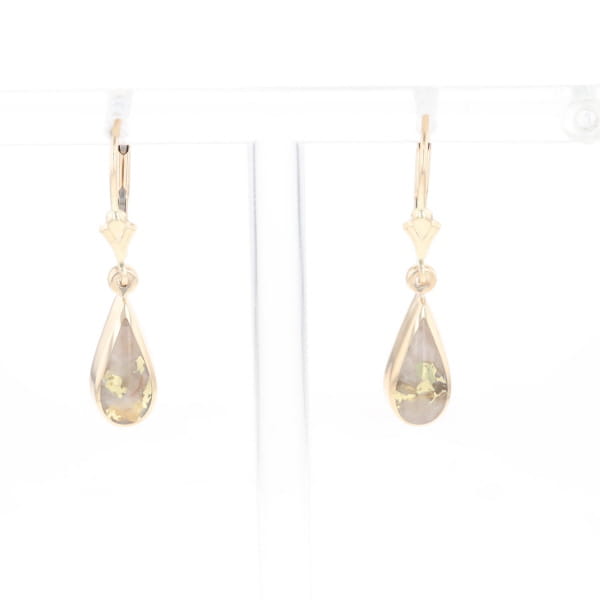 Gold Quartz Earrings Tear Drop Inlaid Lever Backs - G3