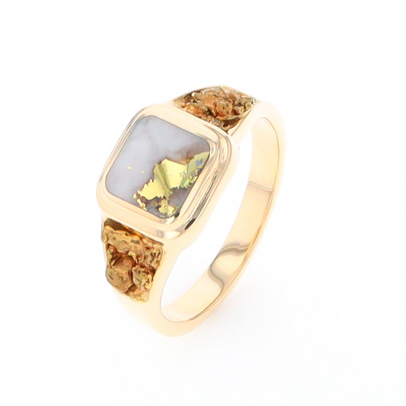 Gold Quartz Ring Square Inlaid Design Double Natural Nugget Sides