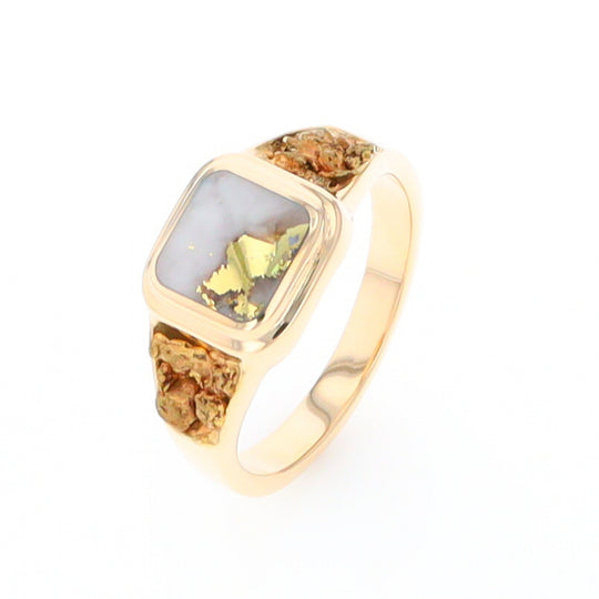 Gold Quartz Ring Square Inlaid Design Double Natural Nugget Sides