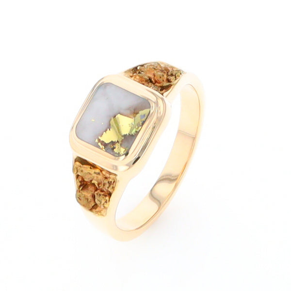 Gold Quartz Ring Square Inlaid Design Double Natural Nugget Sides