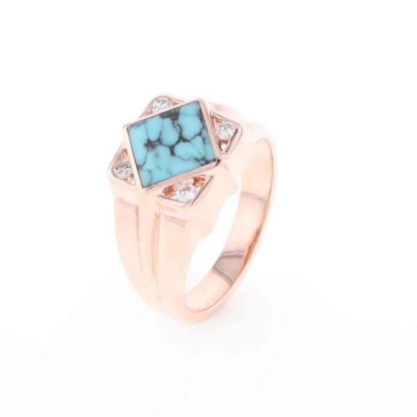 Natural Turquoise ring diamond shape inlaid design with .16ctw round diamonds