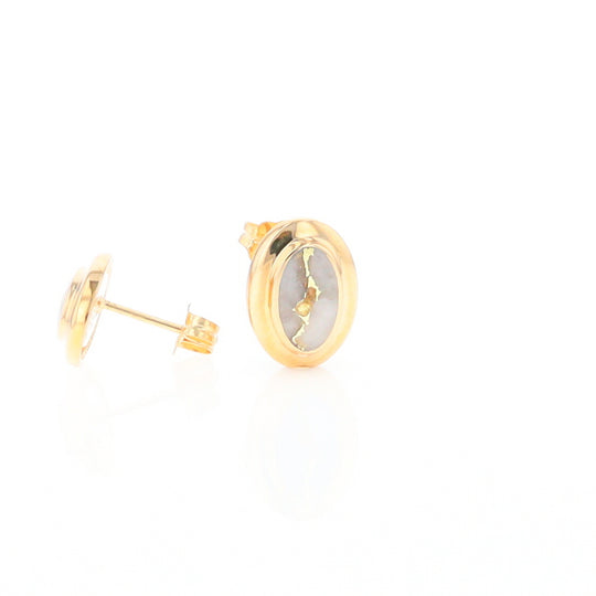 Gold Quartz Earrings Oval Inlaid Design Studs