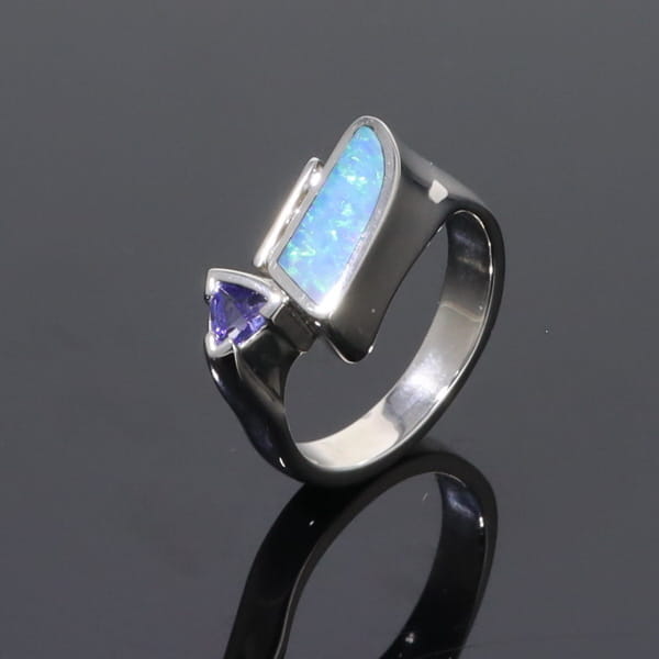 Opal Rings Geometric Inlaid Design with Tanzanite and .08ctw Diamonds