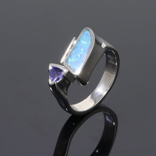 Opal Rings Geometric Inlaid Design with Tanzanite and .08ctw Diamonds