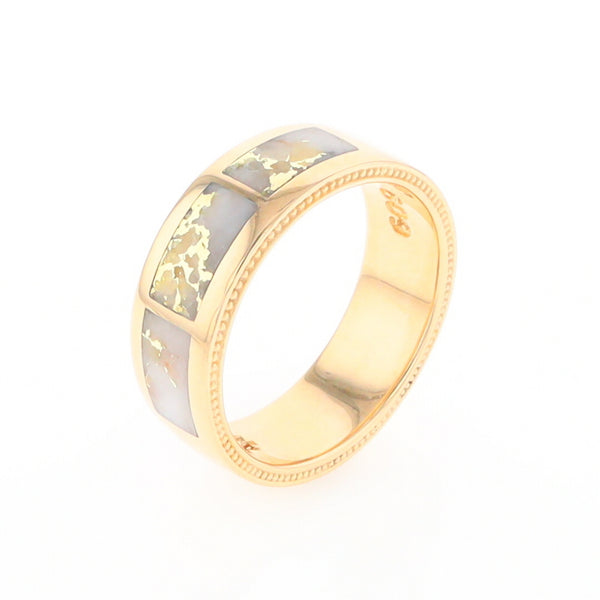 Gold Quartz Ring 3 Section Rectangle Inlaid Band with Milgrain Design