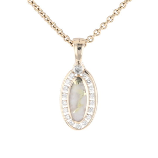 Gold Quartz Pendant Oval Inlaid with .22ctw Round Diamonds Halo (G1)