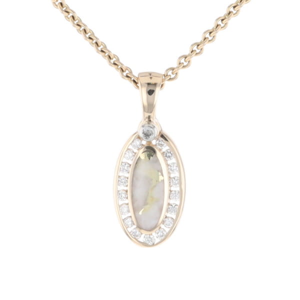 Gold Quartz Pendant Oval Inlaid with .22ctw Round Diamonds Halo (G1)
