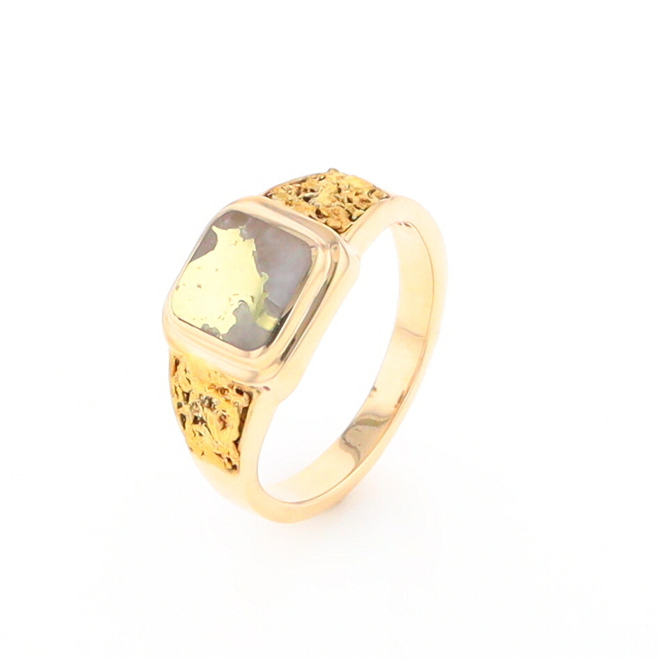 Gold Quartz Ring Square Inlaid Design Double Natural Nugget Sides