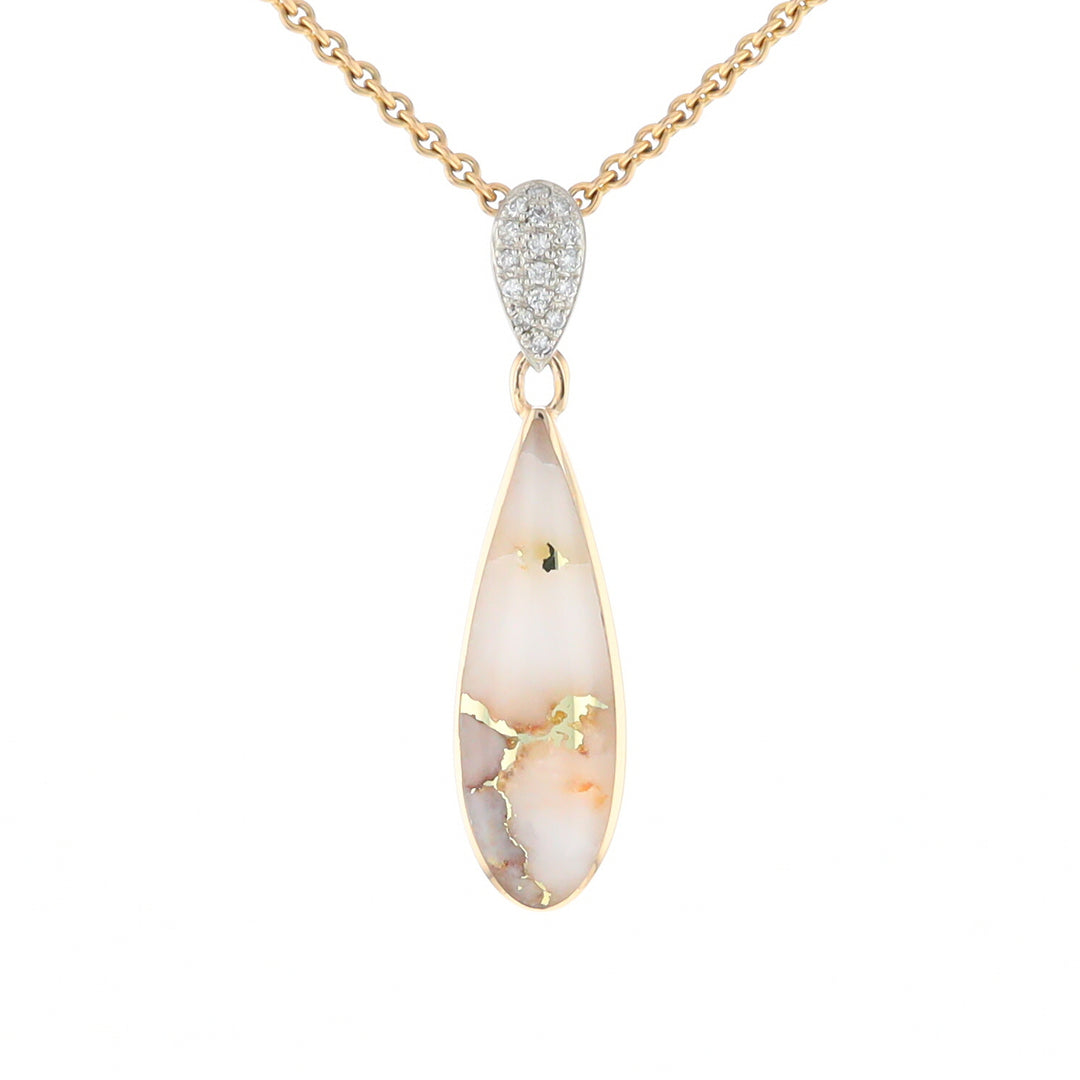 Gold Quartz Necklace, Tear Drop Inlaid Design with .11ctw Diamond Pave Pendant