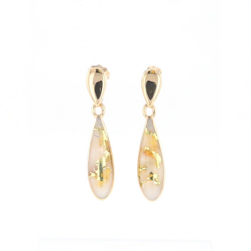 Gold Quartz Earrings Tear Drop Inlaid Design