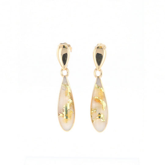 Gold Quartz Earrings Tear Drop Inlaid Design