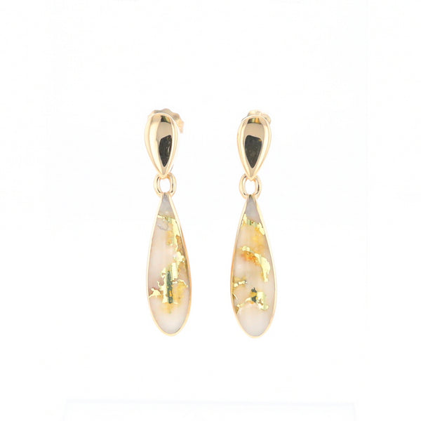 Gold Quartz Earrings Tear Drop Inlaid Design