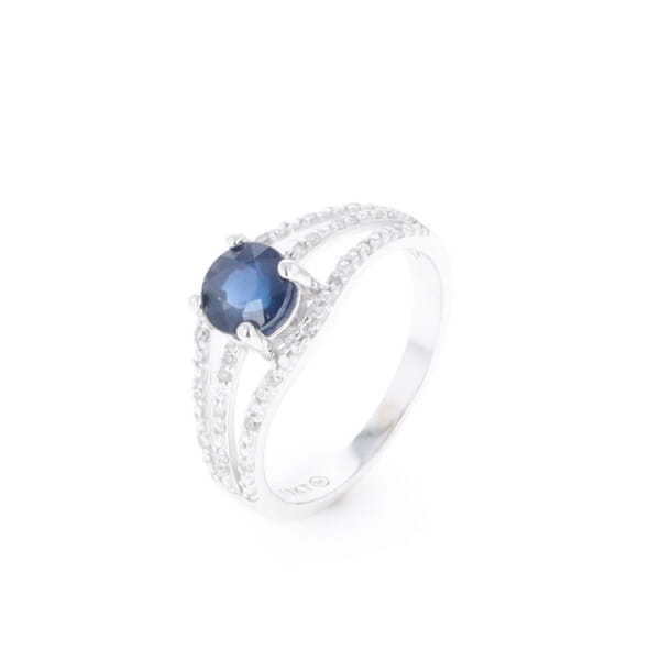 Blue Sapphire Triple Shank Ring With Accent Diamonds