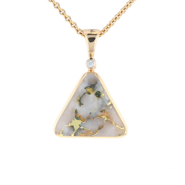 Gold Quartz Necklace Triangle Inlaid Pendant with .02ct Diamond