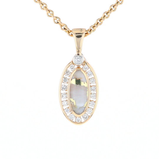 Gold Quartz Pendant Oval Inlaid with .22ctw Round Diamonds Halo