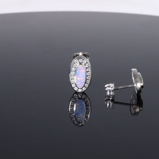 Opal Earrings Oval Inlaid with .25ctw Round Diamond Halo Studs