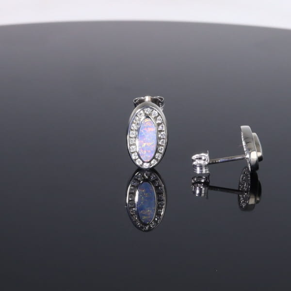 Opal Earrings Oval Inlaid with .25ctw Round Diamond Halo Studs
