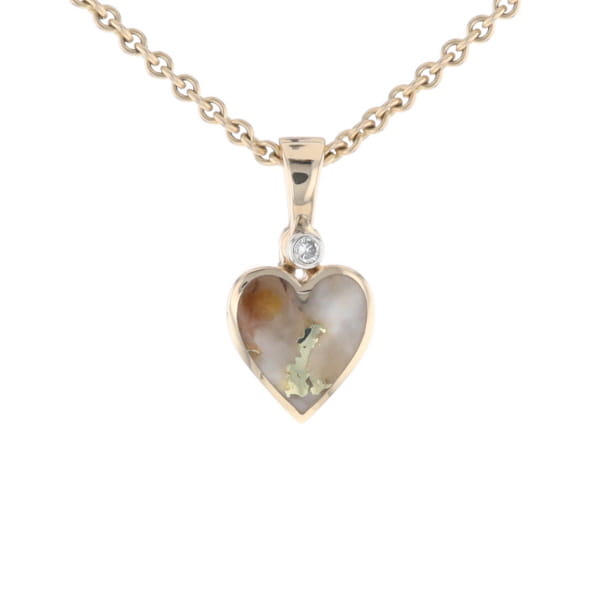 Gold Quartz Necklace Heart Inlaid Design Pendant with .02ct Diamond