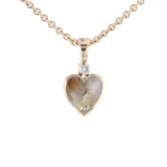 Gold Quartz Necklace Heart Inlaid Design Pendant with .02ct Diamond