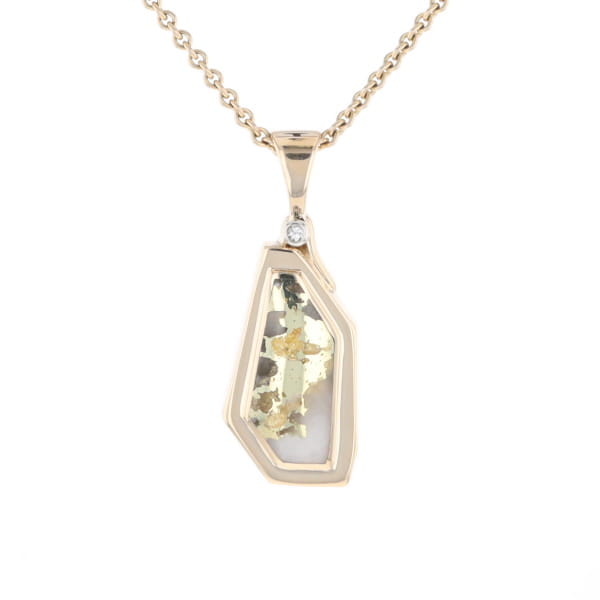Gold Quartz Necklace .02ct Diamond Geometric Inlaid Design Pendant