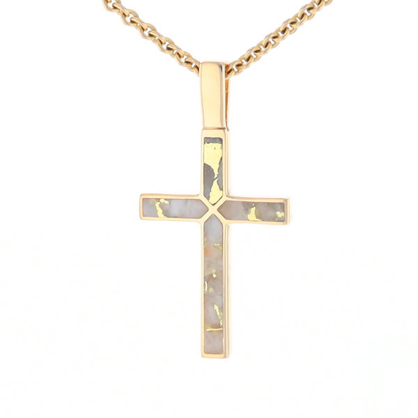 Gold Quartz Necklace 4 Section Inlaid Design Cross Pendant