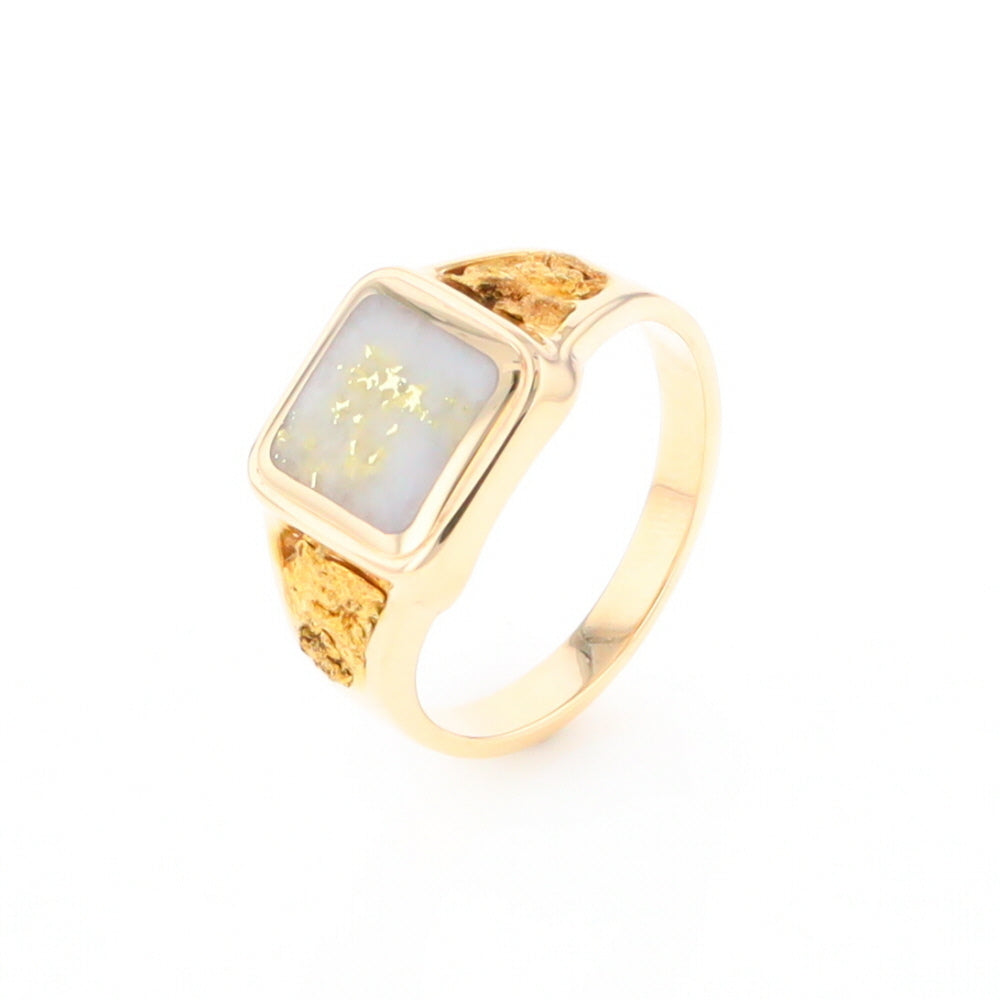 Gold Quartz Ring Square Inlaid Center Design with Natural Nugget Sides