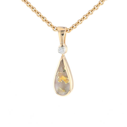 Gold Quartz Pendant Tear Drop Inlaid Design with .02ct Diamond