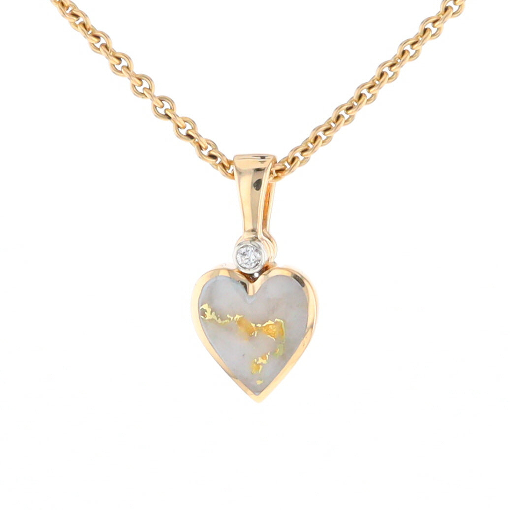 Gold Quartz Necklace Heart Inlaid Design Pendant with .02ct Diamond