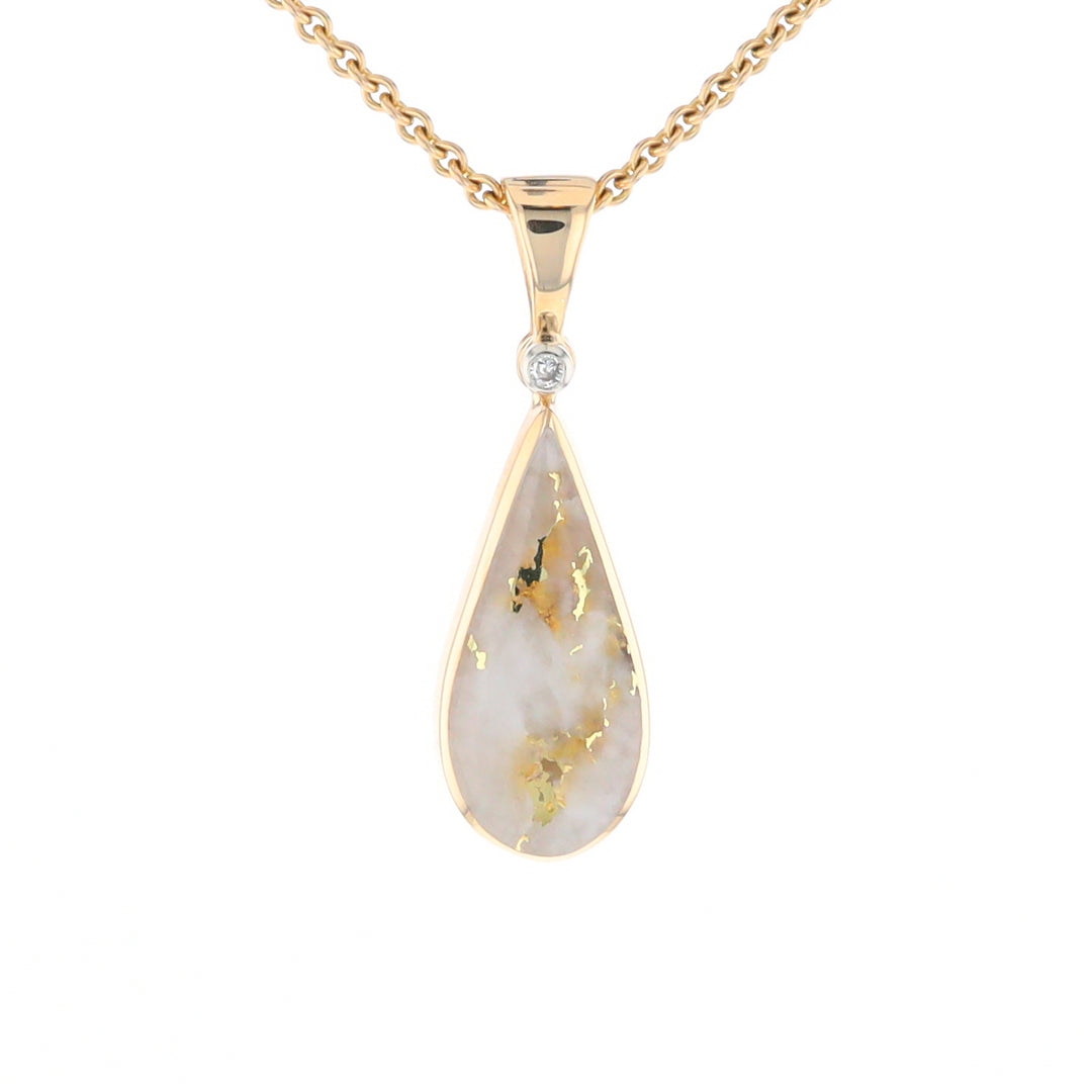 Gold Quartz Necklace Tear Drop Inlaid Pendant with .02ct Diamond