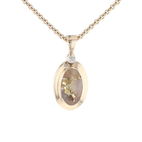 Gold Quartz Oval Inlaid Pendant with .02ct Diamond