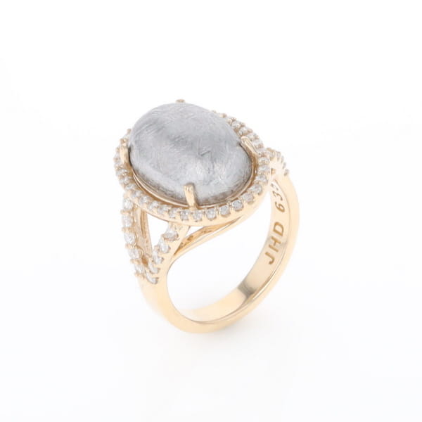 Meteorite Ring Oval Cabochon 0.65ctw Round Diamonds Halo