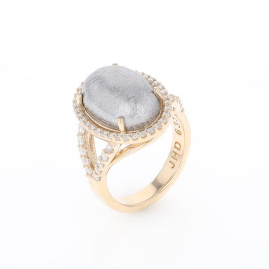 Meteorite Ring Oval Cabochon 0.65ctw Round Diamonds Halo