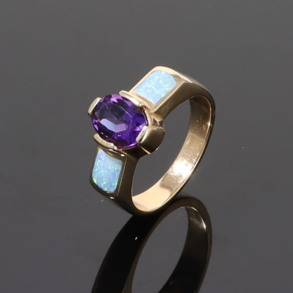 Opal Rings 2 Section Inlaid Design with Oval Amethyst Center